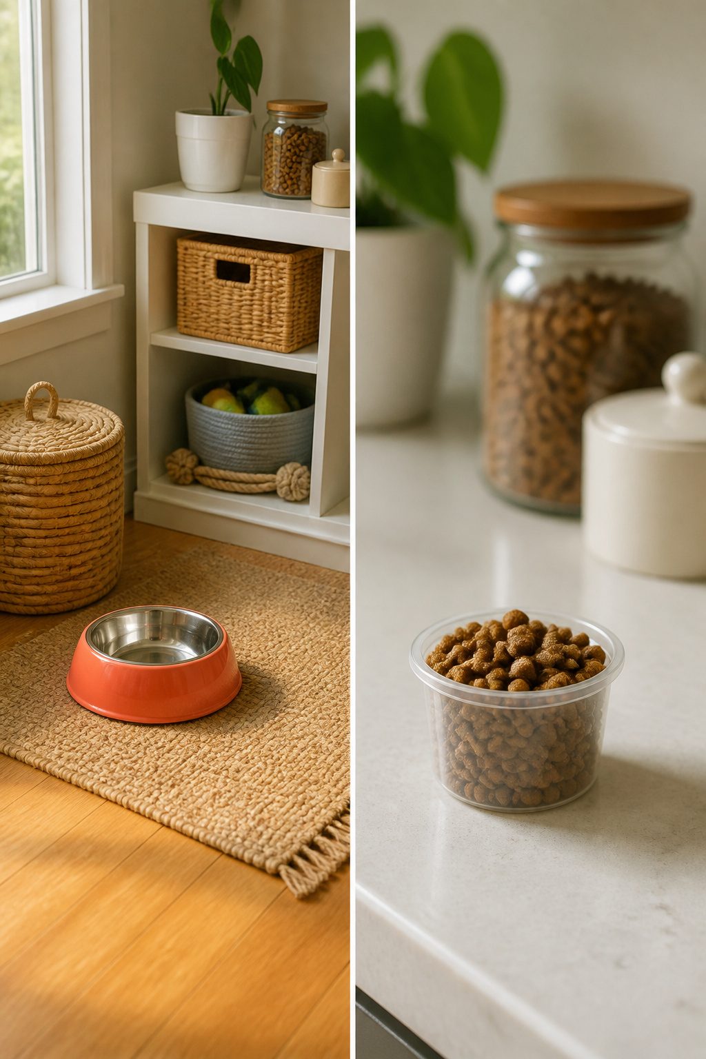 A bowl filled with pet food and a child preparing to feed a pet.