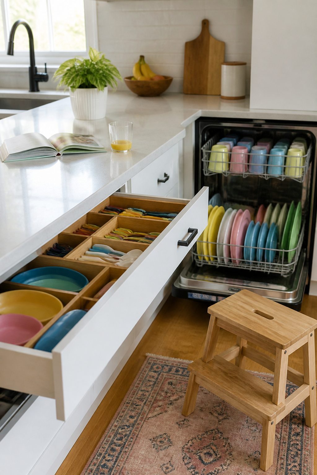 A cabinet with plastic plates and utensils next to an open dishwasher.