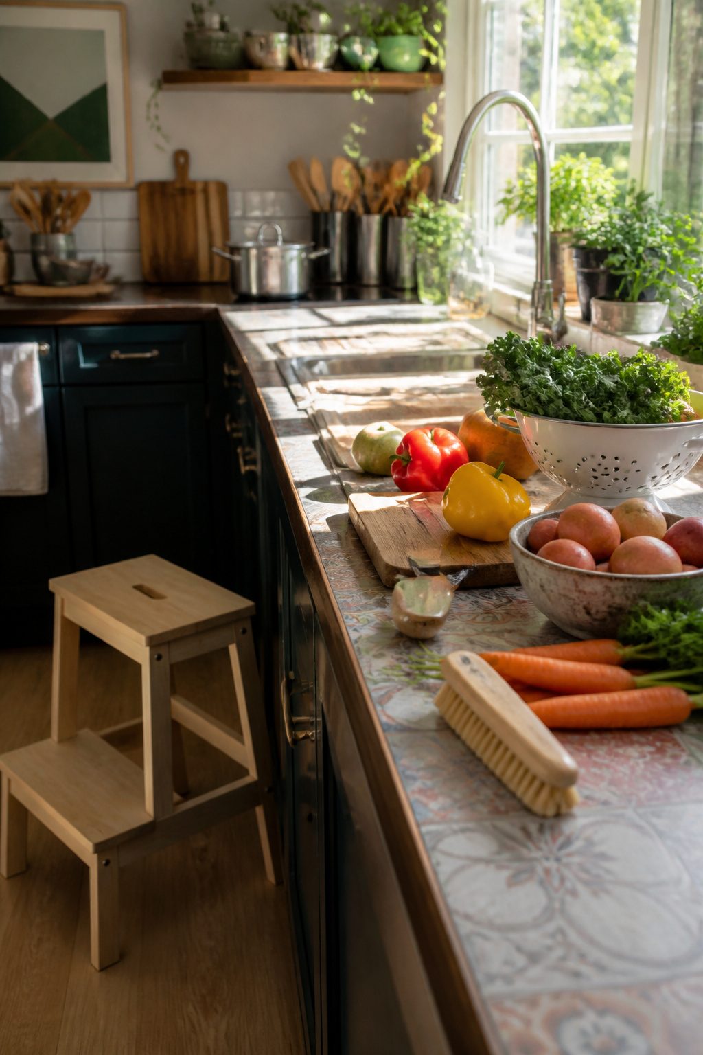 A kitchen countertop with vegetables and a vegetable brush.