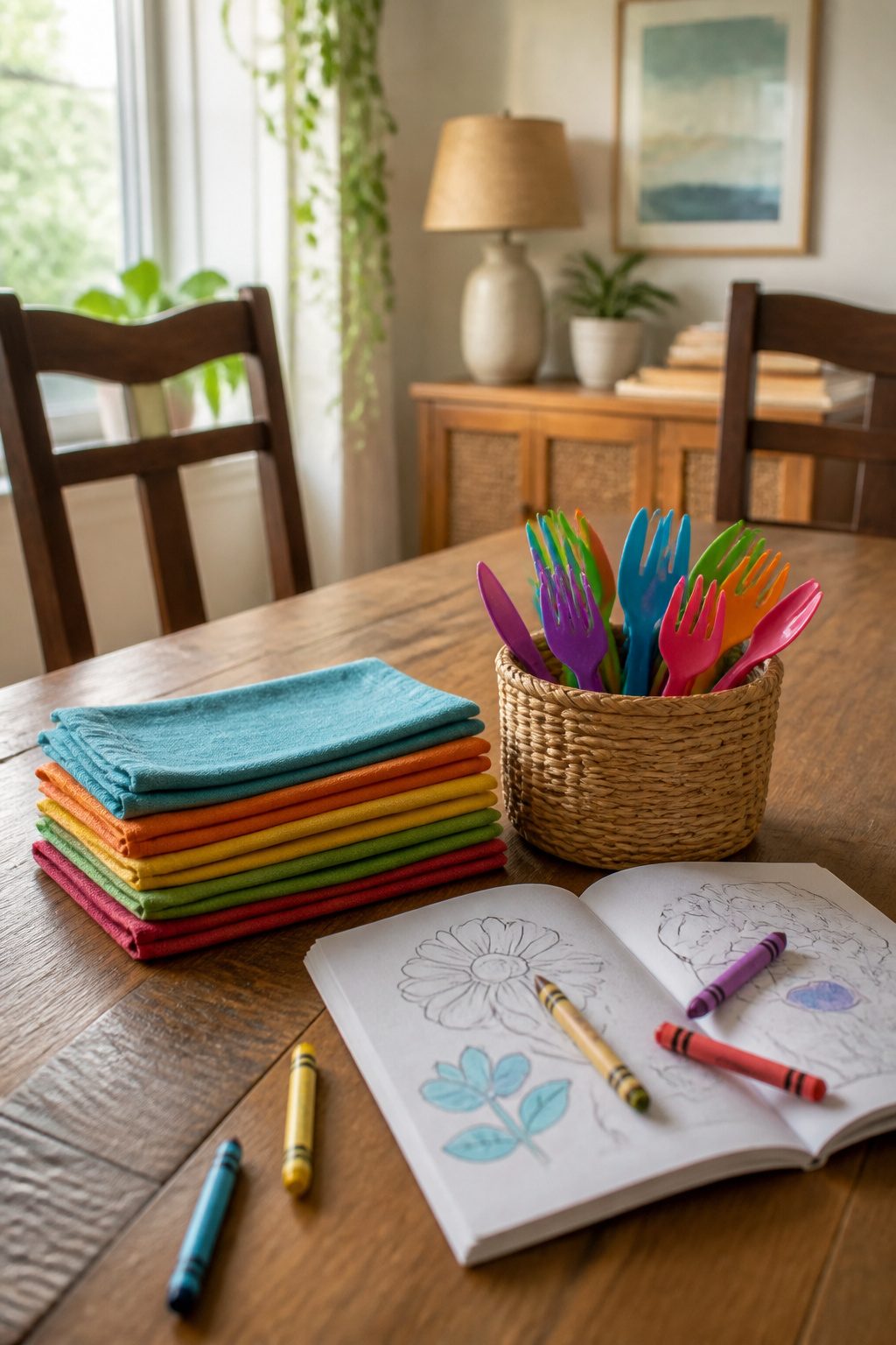 A stack of cloth napkins and plastic utensils on a dining table.