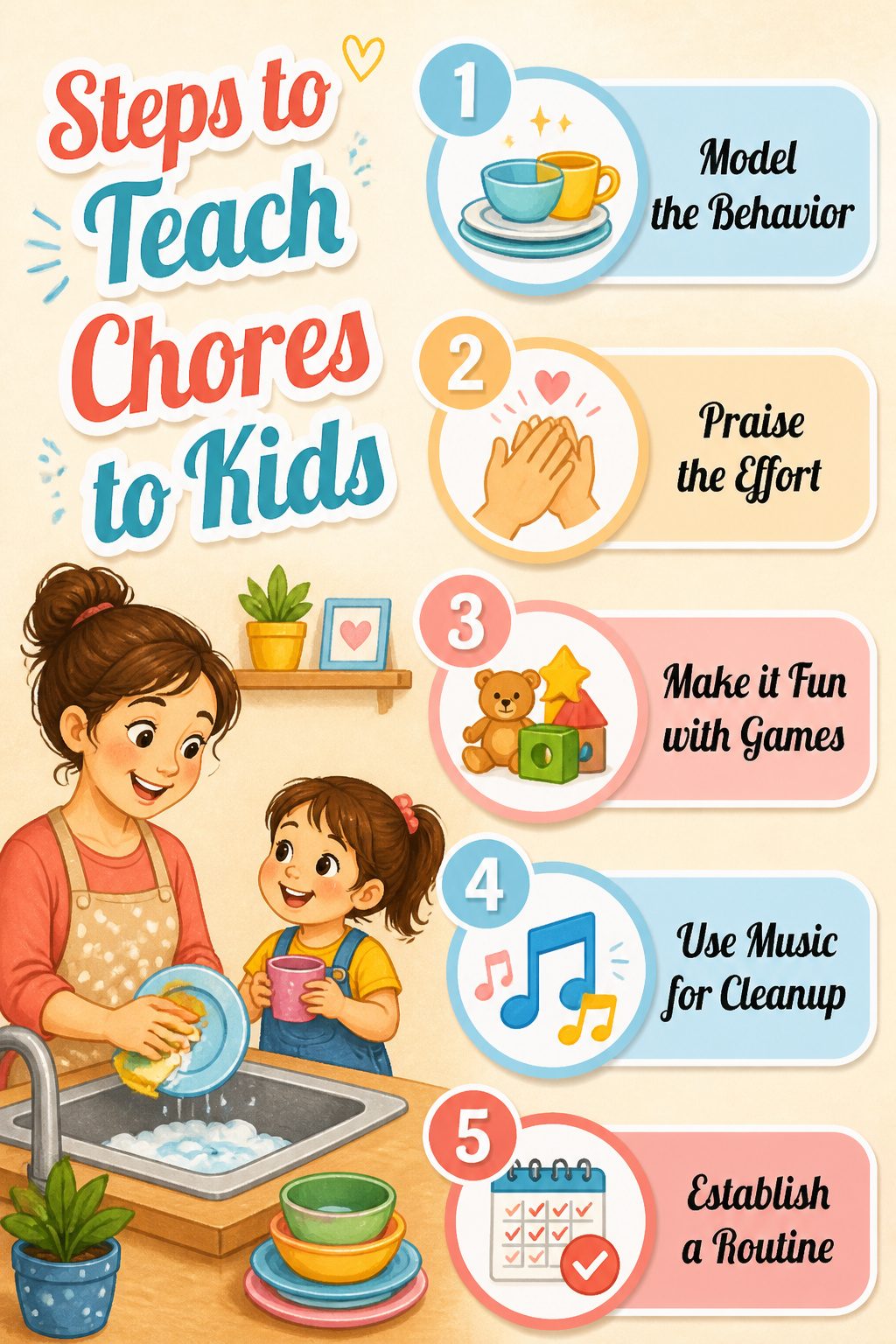 An infographic outlining steps to teach chores to young children.