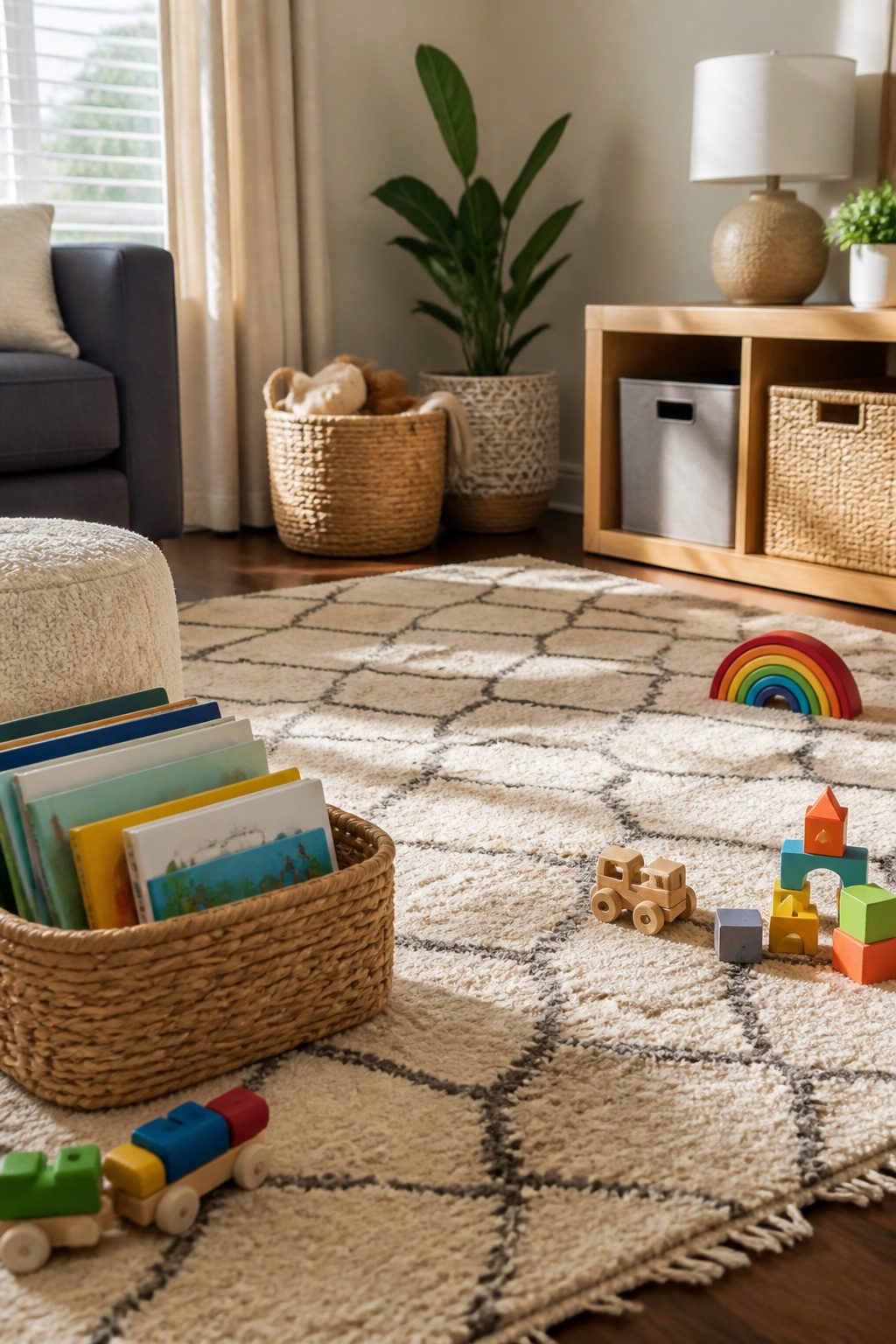 A living room with toys and books scattered on a patterned rug.