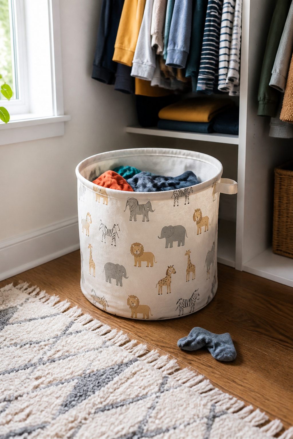 A laundry hamper filled with colorful clothes in a closet.