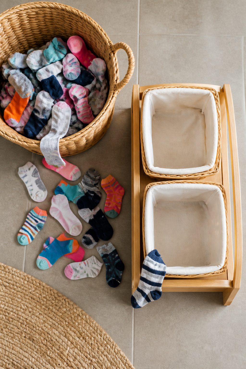 A small pile of socks ready for sorting by a young child.