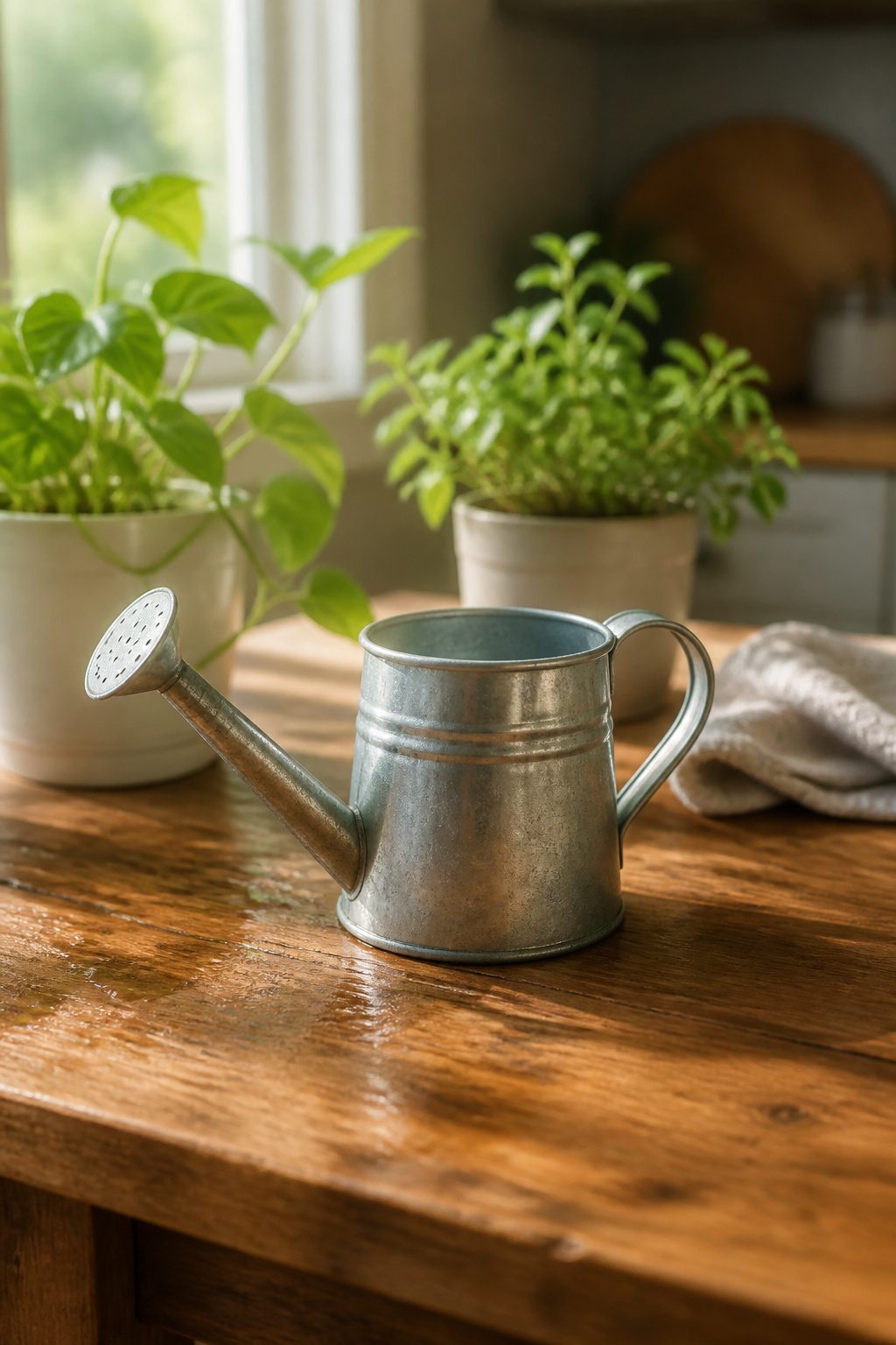 A small watering can sits next to houseplants on a windowsill.