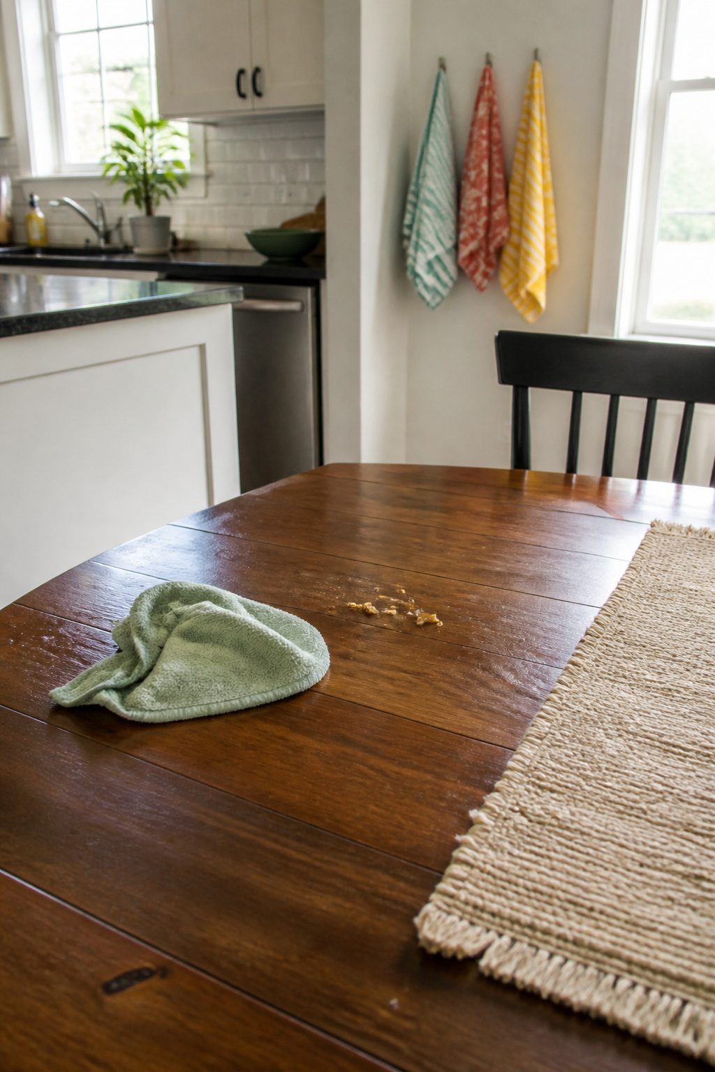 A kitchen table with scattered crumbs and a damp cleaning cloth.