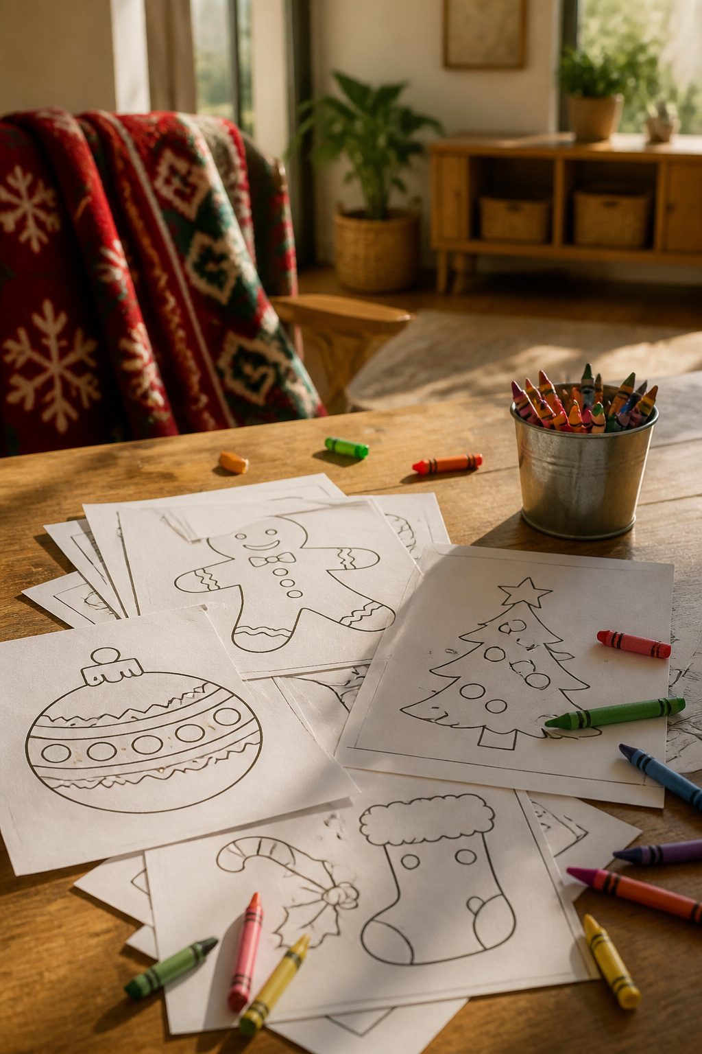 Christmas Printables for Preschoolers: Worksheets, Crafts, and Activities 2 Coloring pages of Christmas designs scattered on a table with crayons.