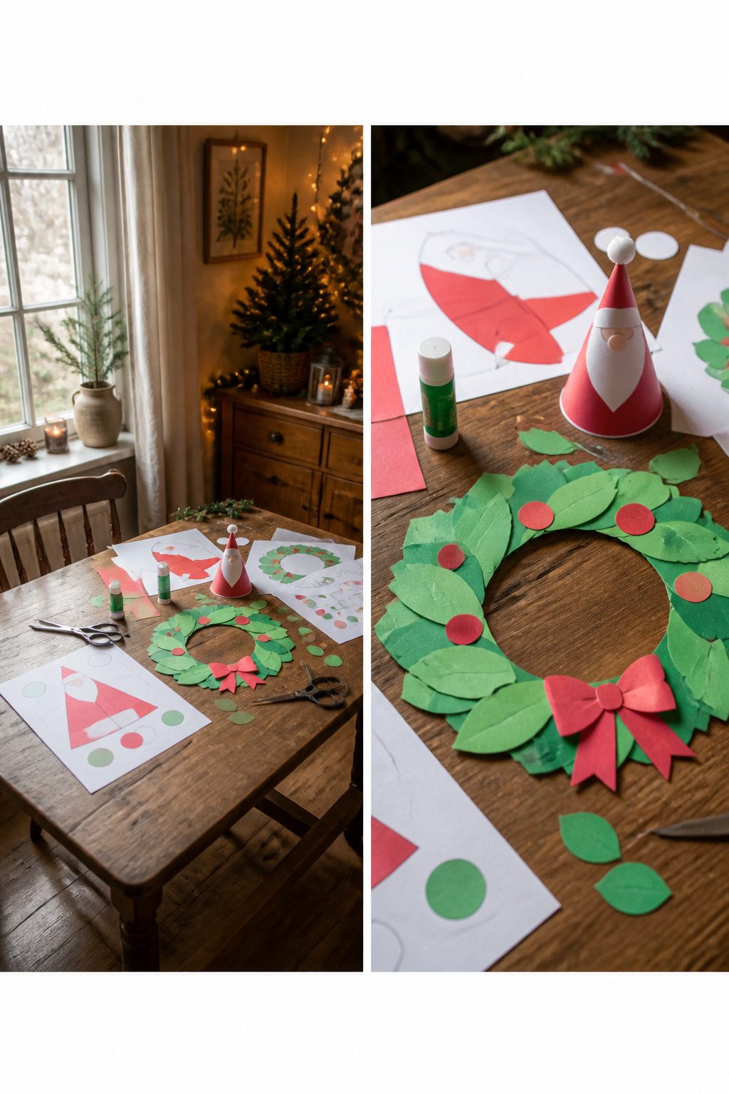 Christmas Printables for Preschoolers: Worksheets, Crafts, and Activities 3 Printable pieces for making Christmas wreaths arranged on a table.