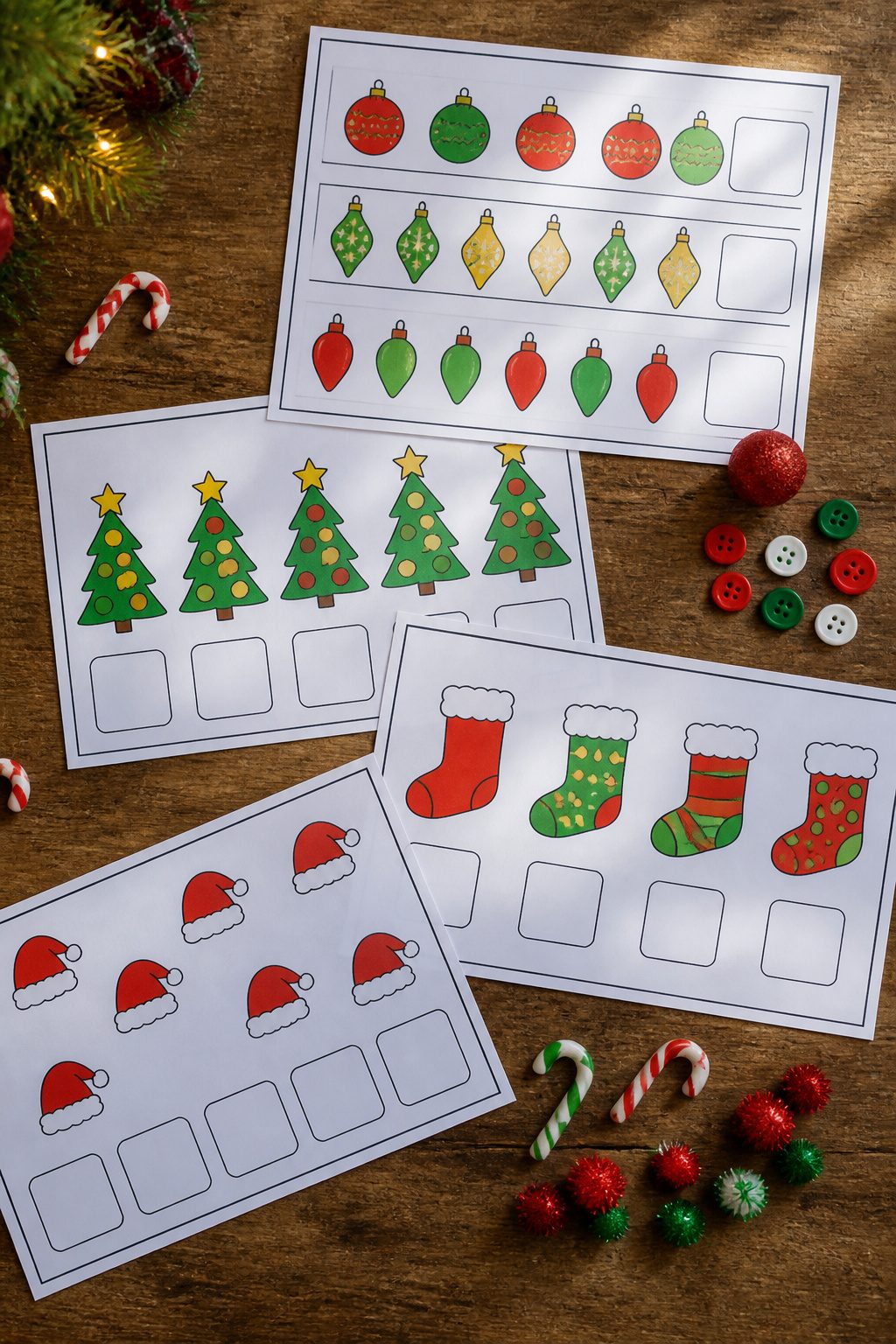 Christmas Printables for Preschoolers: Worksheets, Crafts, and Activities 4 Printable Christmas math worksheets featuring counting and pattern activities.
