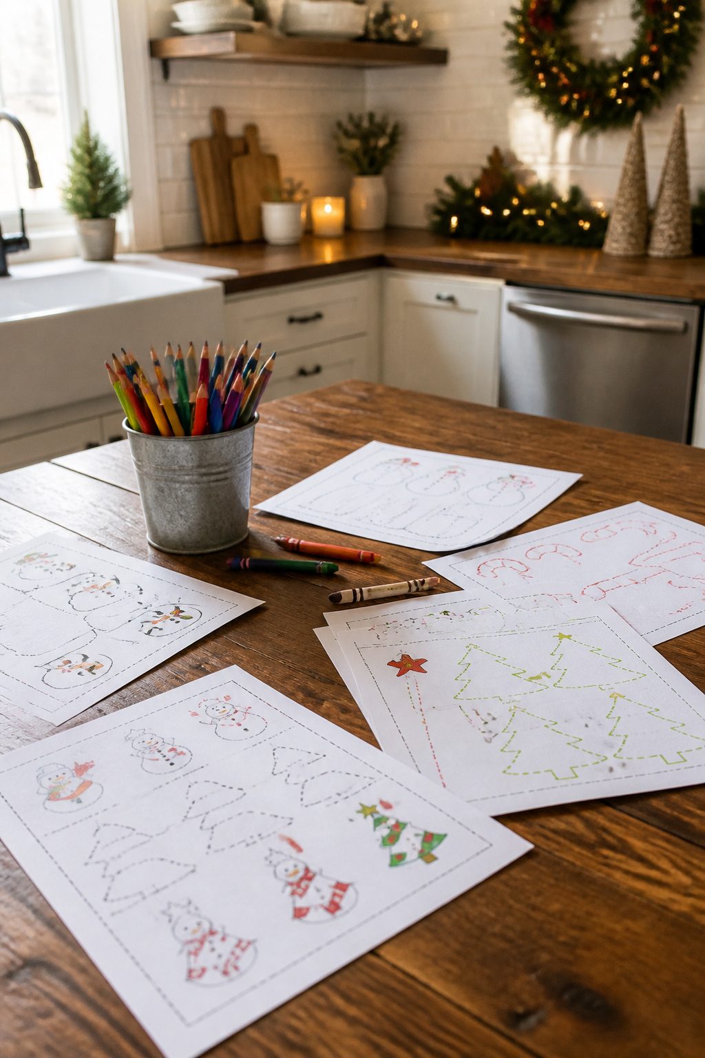 Christmas Printables for Preschoolers: Worksheets, Crafts, and Activities 5 Collection of Christmas tracing worksheets featuring festive motifs on a table.