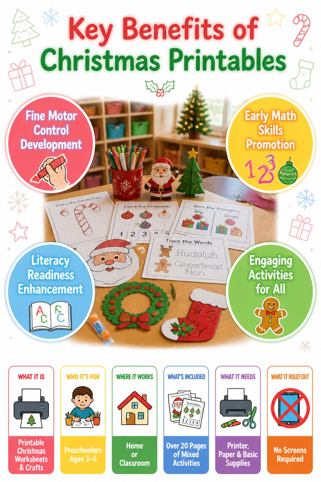 Christmas Printables for Preschoolers: Worksheets, Crafts, and Activities 7 An informational image outlining the benefits of Christmas printables.