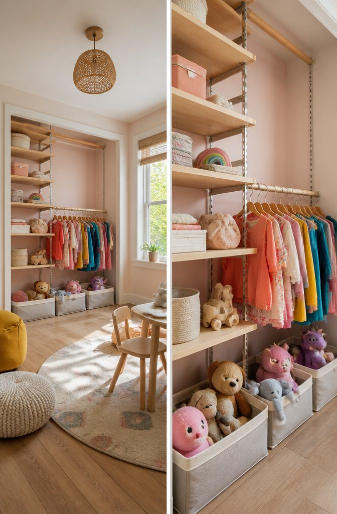 Adjustable-height closet rods and movable shelves in a children's closet.