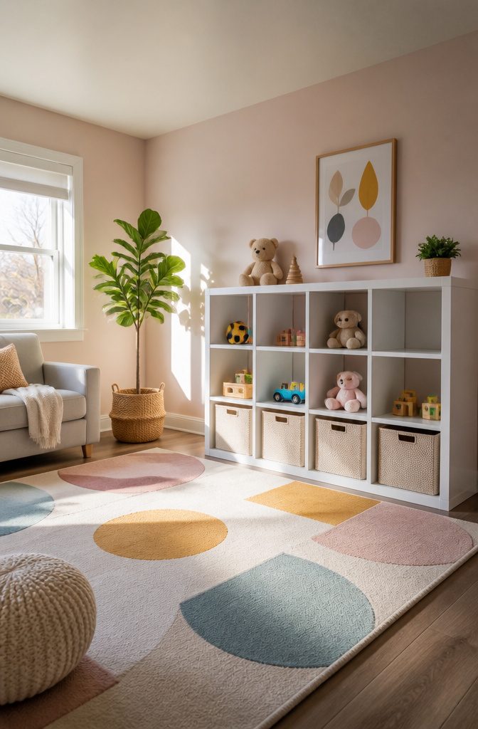 Cube storage units with various toys in a playroom setting.