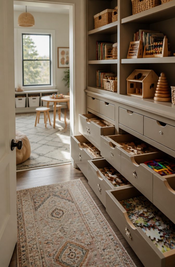 Wooden drawer system filled with toys and craft materials in a closet.