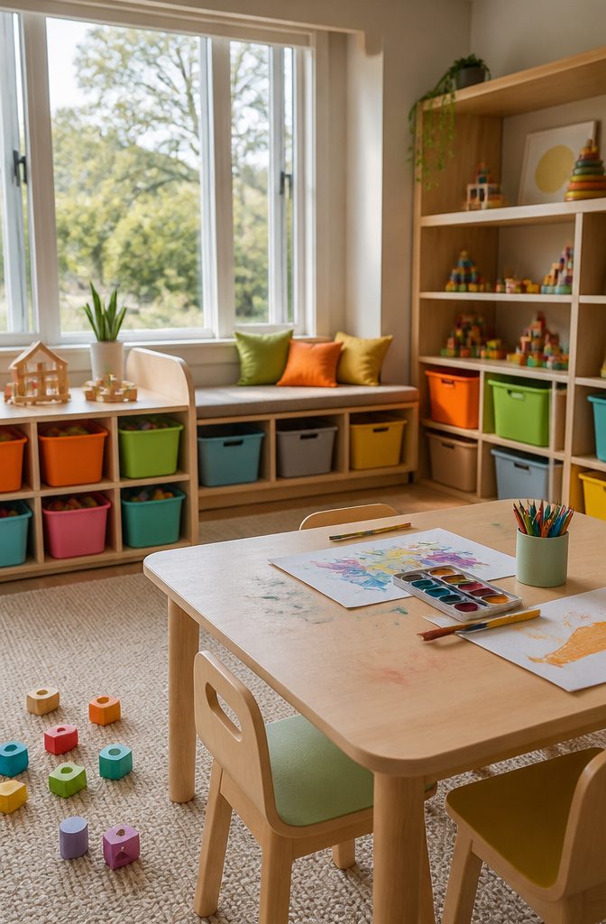 Playroom with laminate table and colorful storage bins for kids.