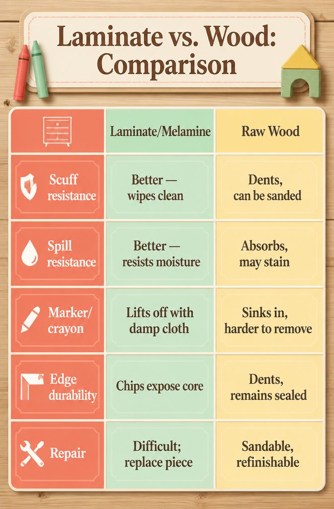Comparison chart between laminate and raw wood finishes for storage.