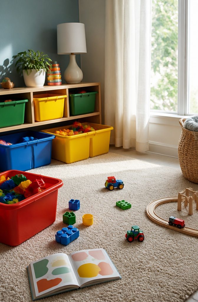 Colorful low bins filled with toys in a cozy playroom corner.