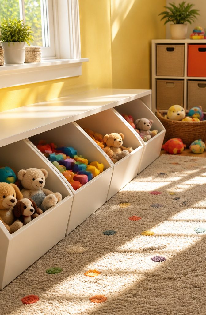 Low open bins filled with toys in a playroom for easy access.