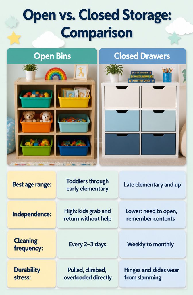 Comparison chart showing open vs closed storage for children's items.