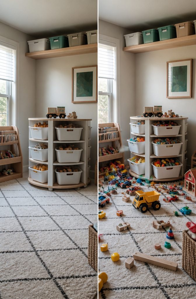 Toys organized in bins, ready for rotation in a playroom.