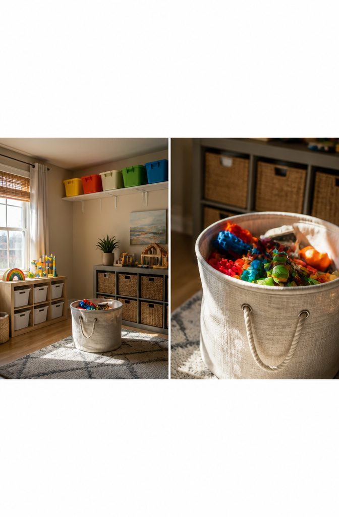Bins of toys organized for rotation in a playroom setting.