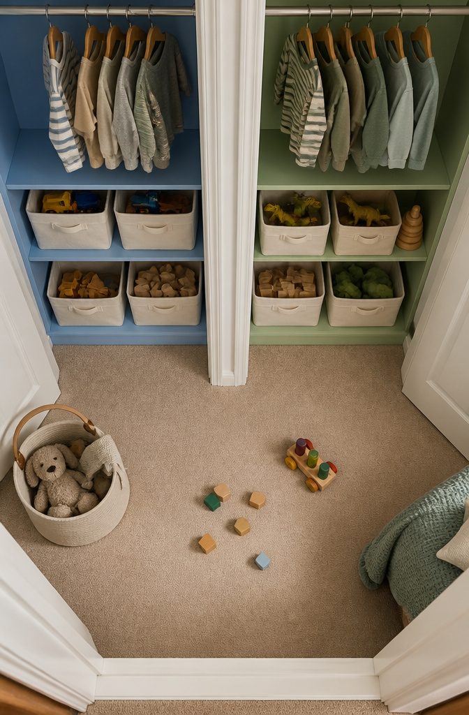 Closet divided into two sections for siblings with labeled storage.
