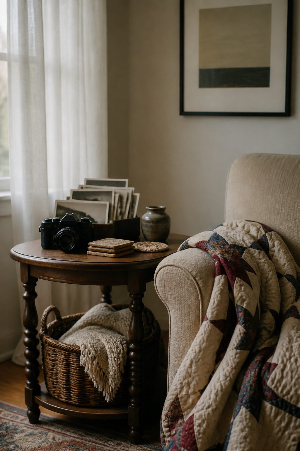 A serene corner with sentimental items and photographs on display.