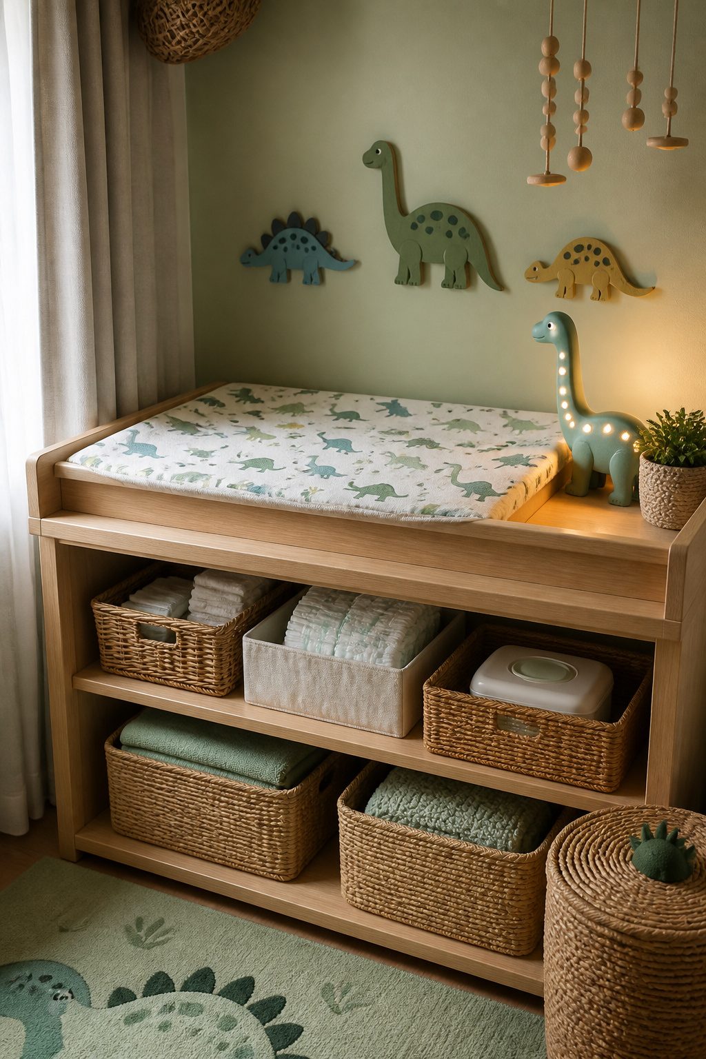10 Dinosaur Themed Nursery Ideas Built From Shop-and-Make Research 5 A changing table with a dinosaur-patterned changing pad and lamp.