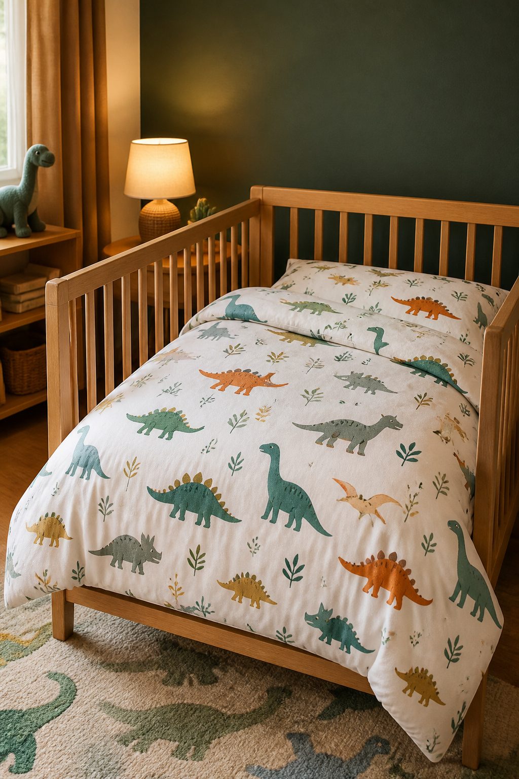 10 Dinosaur Themed Nursery Ideas Built From Shop-and-Make Research 3 Dinosaur-themed bedding set from Pillowfort displayed in a nursery.