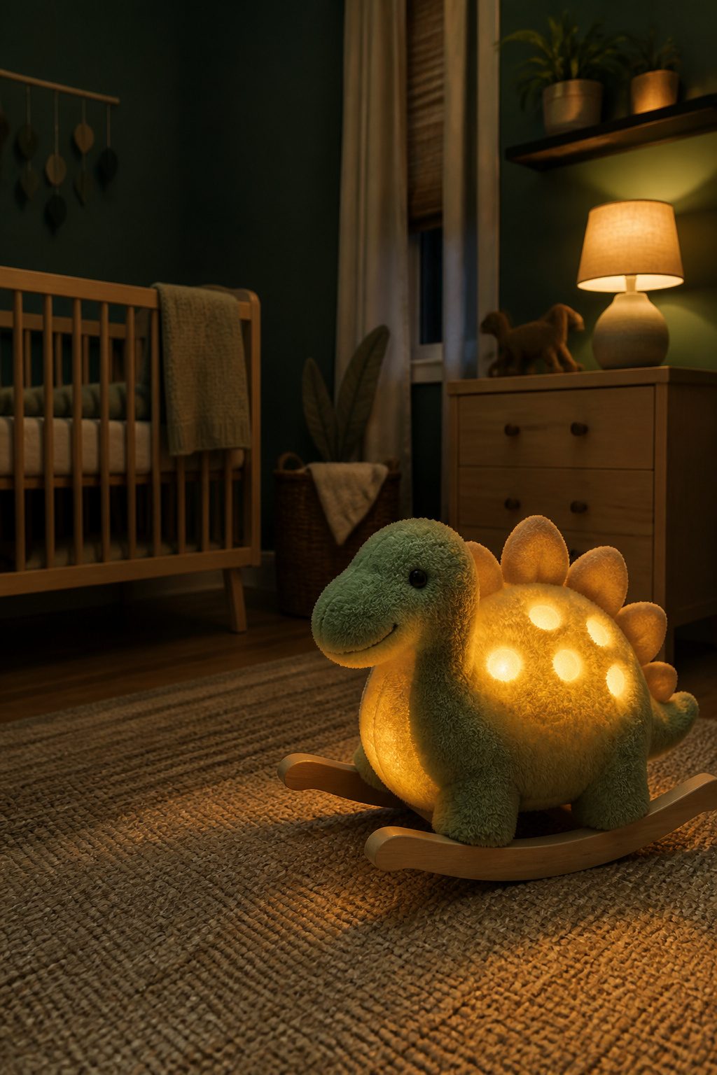 10 Dinosaur Themed Nursery Ideas Built From Shop-and-Make Research 9 A dinosaur-shaped nightlight glowing in a nursery.