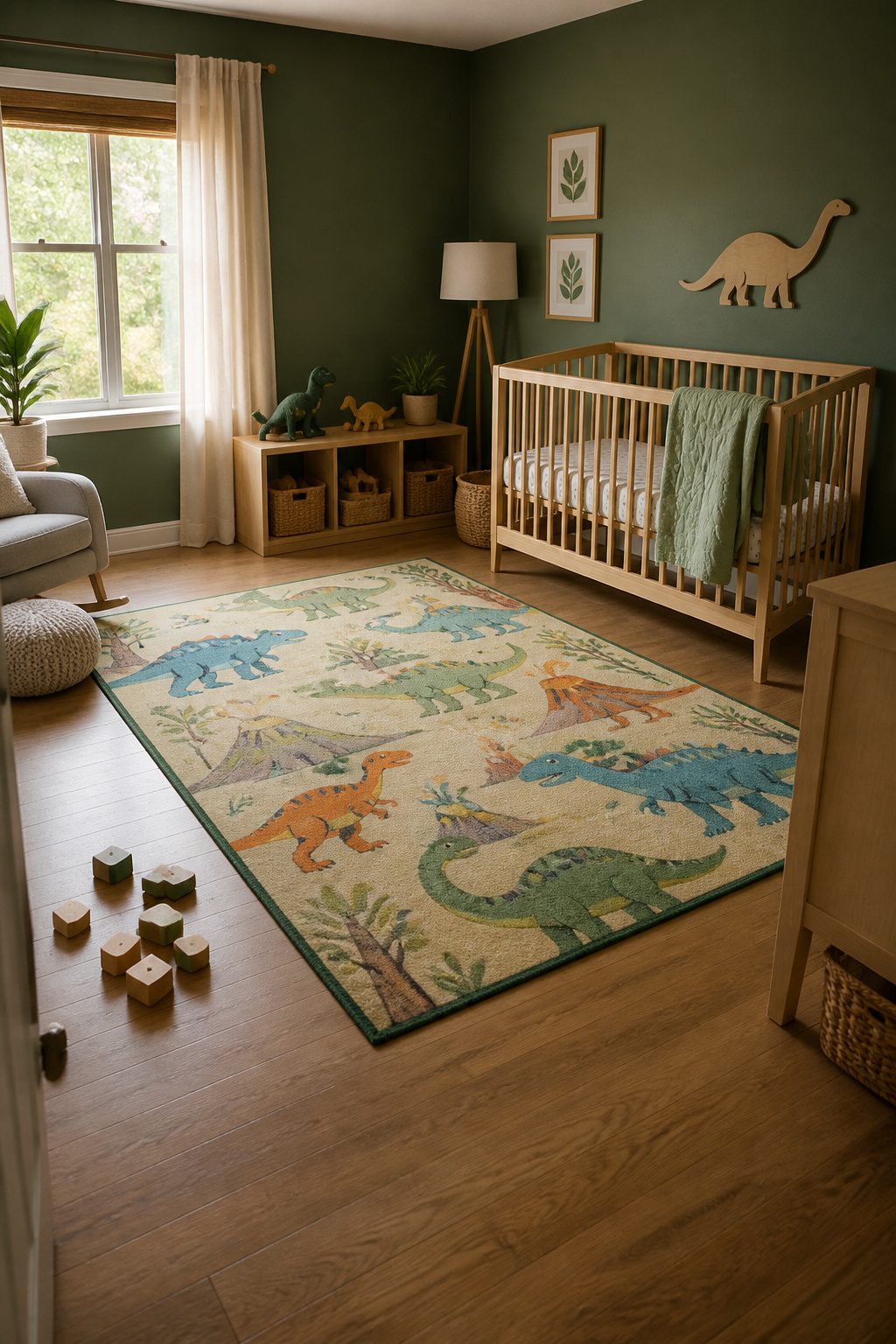 10 Dinosaur Themed Nursery Ideas Built From Shop-and-Make Research 7 A large dinosaur-themed play rug positioned under a crib.