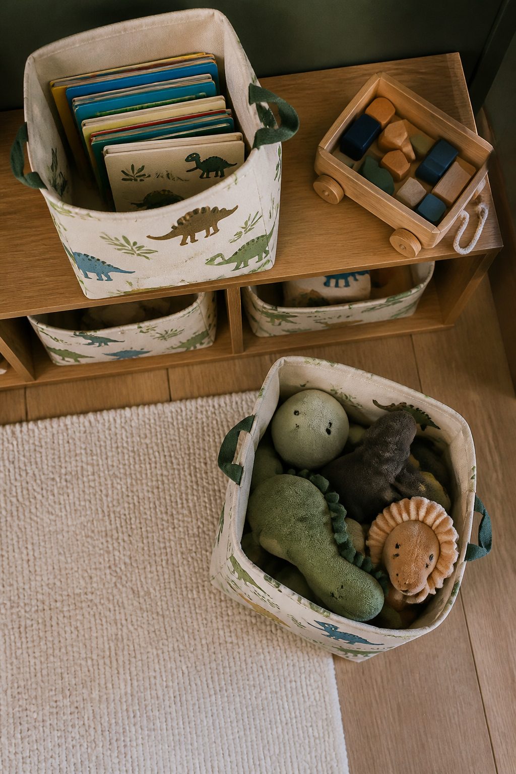 10 Dinosaur Themed Nursery Ideas Built From Shop-and-Make Research 8 Dinosaur-themed storage bins on a shelf in a nursery.