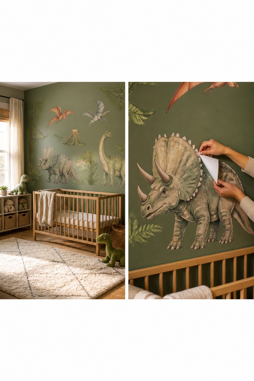 10 Dinosaur Themed Nursery Ideas Built From Shop-and-Make Research 2 Dinosaur wall decals depicting Triceratops and Pterodactyls in a nursery.