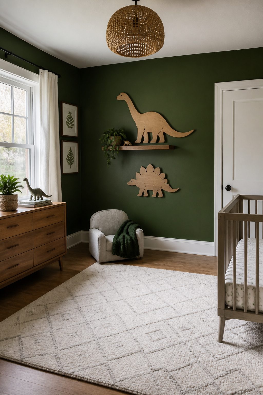10 Dinosaur Themed Nursery Ideas Built From Shop-and-Make Research 1 A forest green accent wall in a dinosaur-themed nursery.