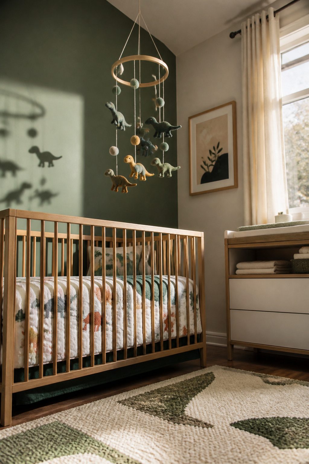 10 Dinosaur Themed Nursery Ideas Built From Shop-and-Make Research 4 A wool felt dinosaur mobile hanging in a nursery.