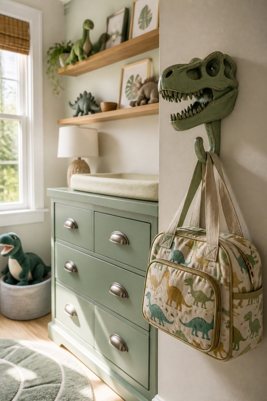 10 Dinosaur Themed Nursery Ideas Built From Shop-and-Make Research 15 Dinosaur skull hook and drawer pulls in a nursery.