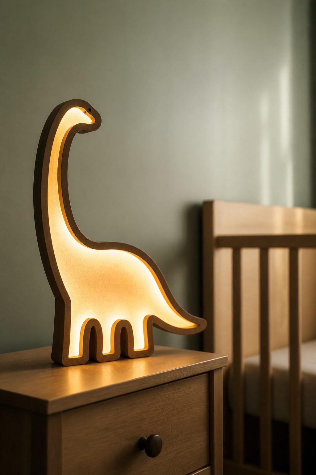 10 Dinosaur Themed Nursery Ideas Built From Shop-and-Make Research 16 A brachiosaurus silhouette lamp and name sign in a nursery.