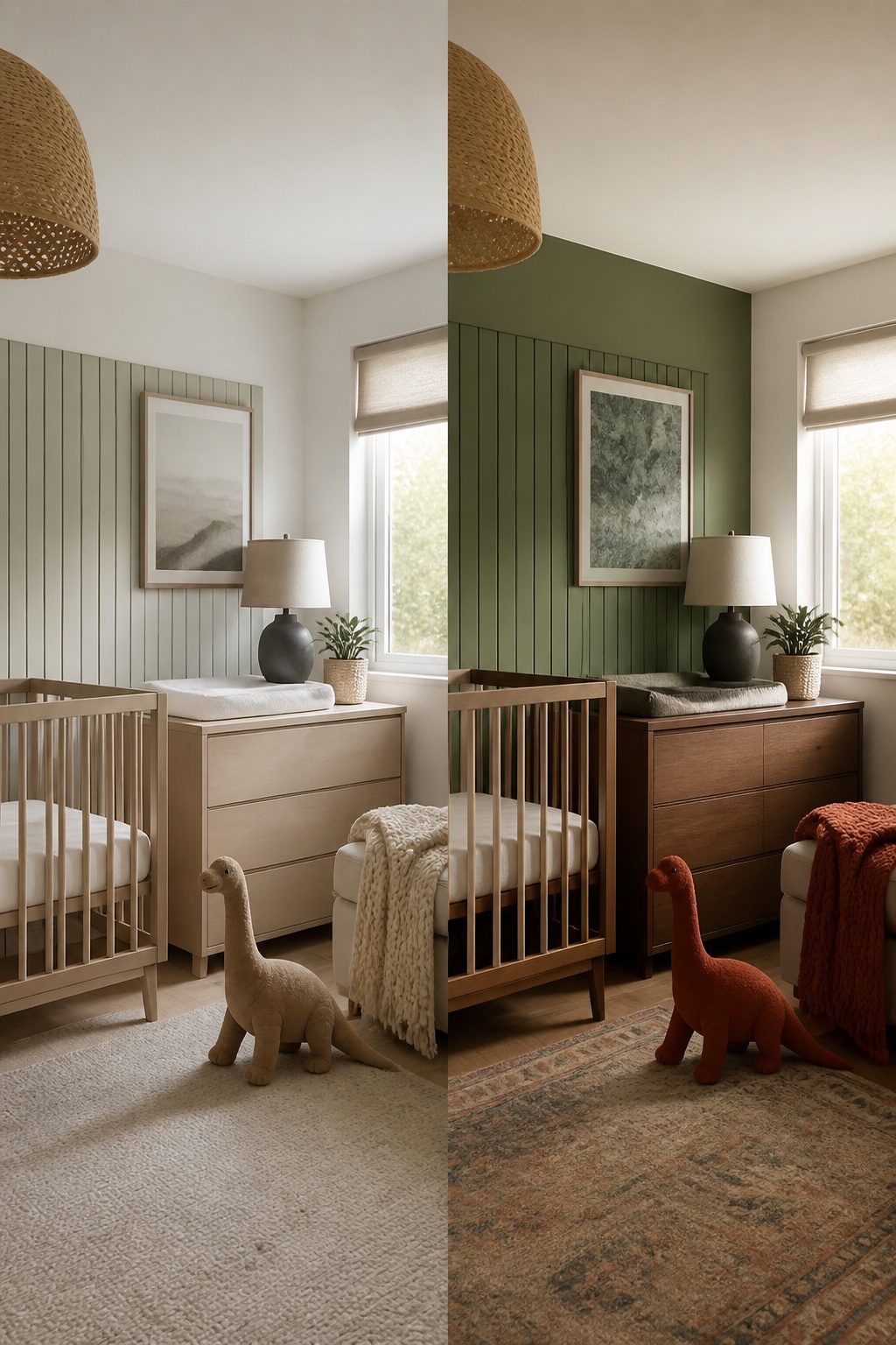 10 Dinosaur Themed Nursery Ideas Built From Shop-and-Make Research 11 Color palette of forest green and warm white in a nursery.