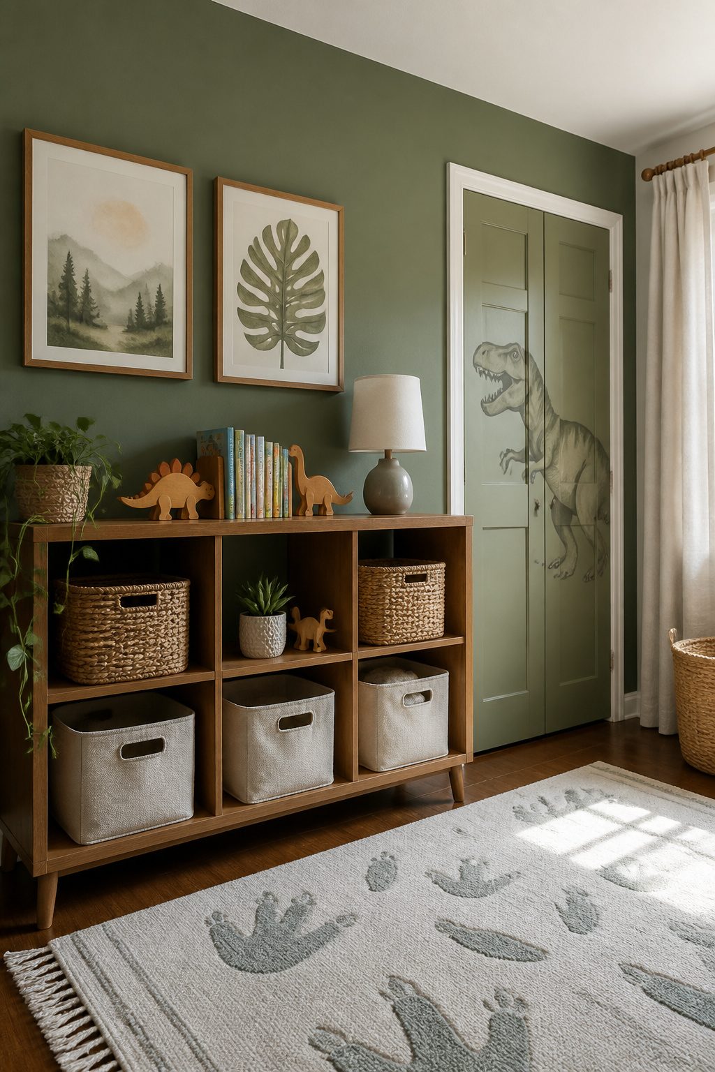 10 Dinosaur Themed Nursery Ideas Built From Shop-and-Make Research 6 A bookshelf with dinosaur bookends and colorful board books.