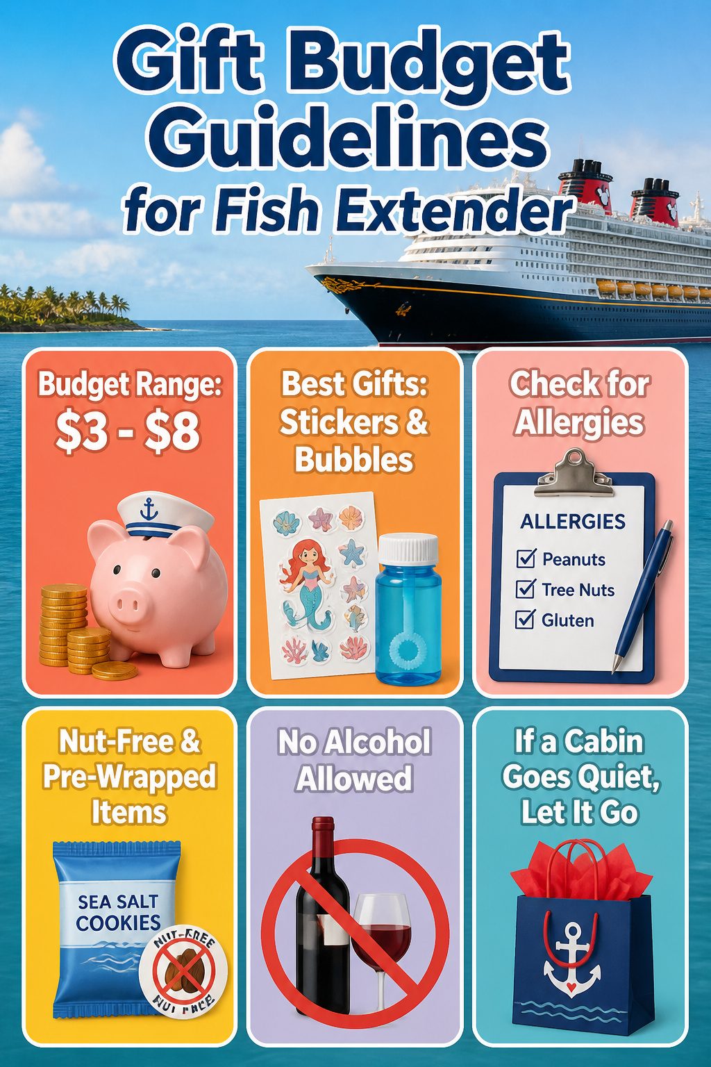 Disney Cruise Fish Extender: Organizers, Groups, Gifts & Pixie Dust 6 A chart displaying budget guidelines for Fish Extender gifts.