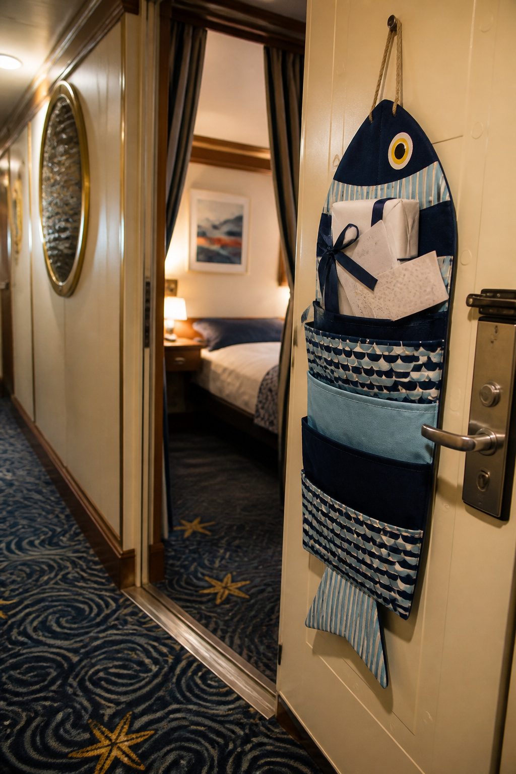 Disney Cruise Fish Extender: Organizers, Groups, Gifts & Pixie Dust 4 A wrapped gift placed inside a Fish Extender organizer on a stateroom door.