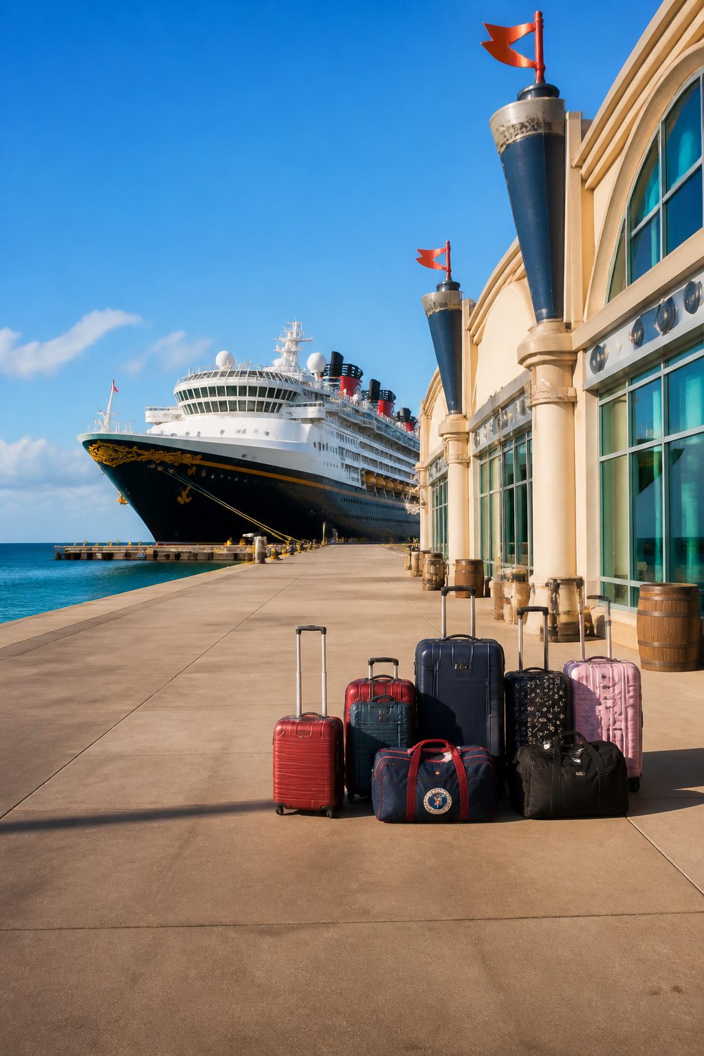 A pool deck on a Disney cruise ship with guests enjoying the amenities.