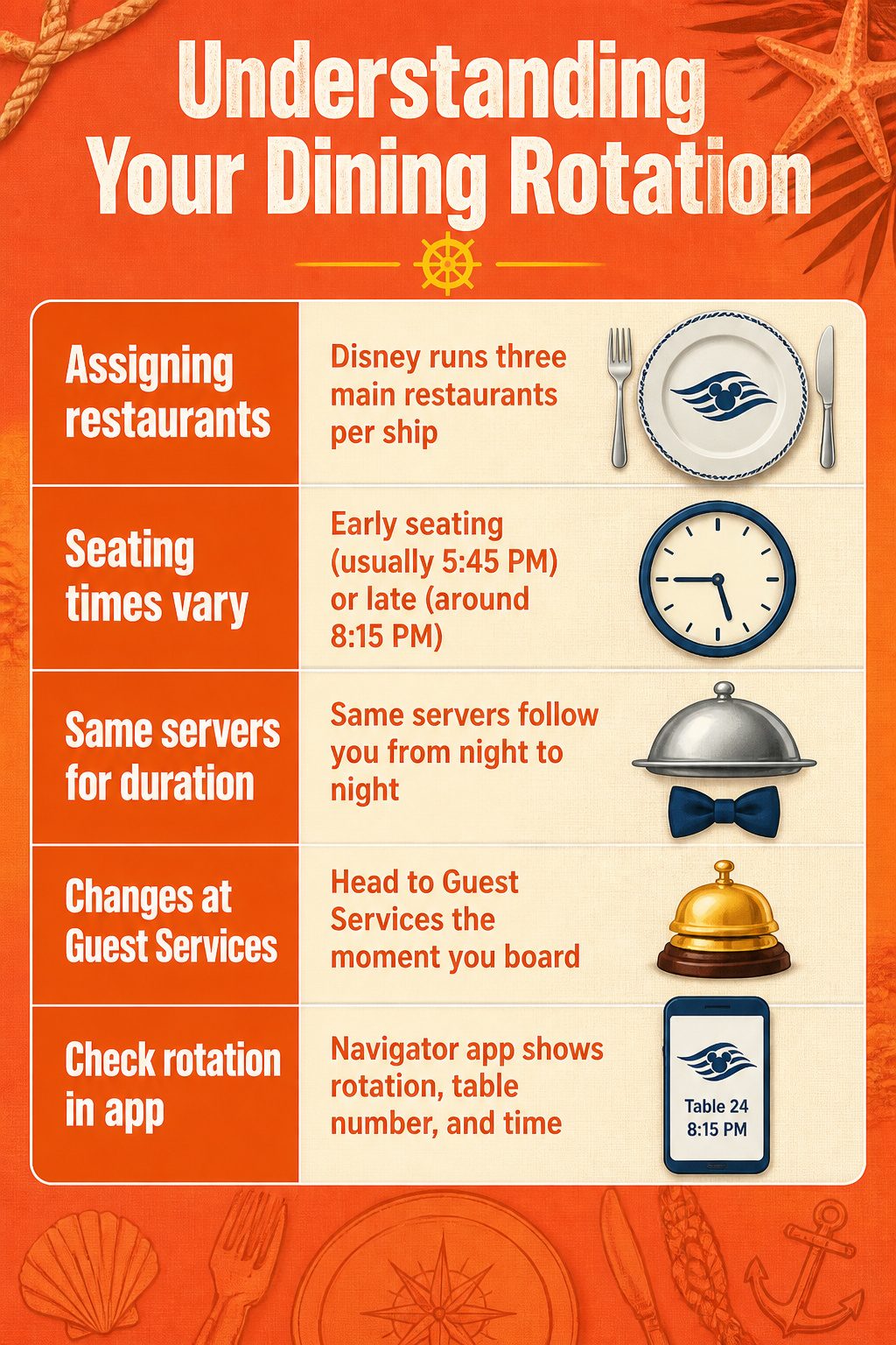 A Key to the World card displaying dining rotation information.