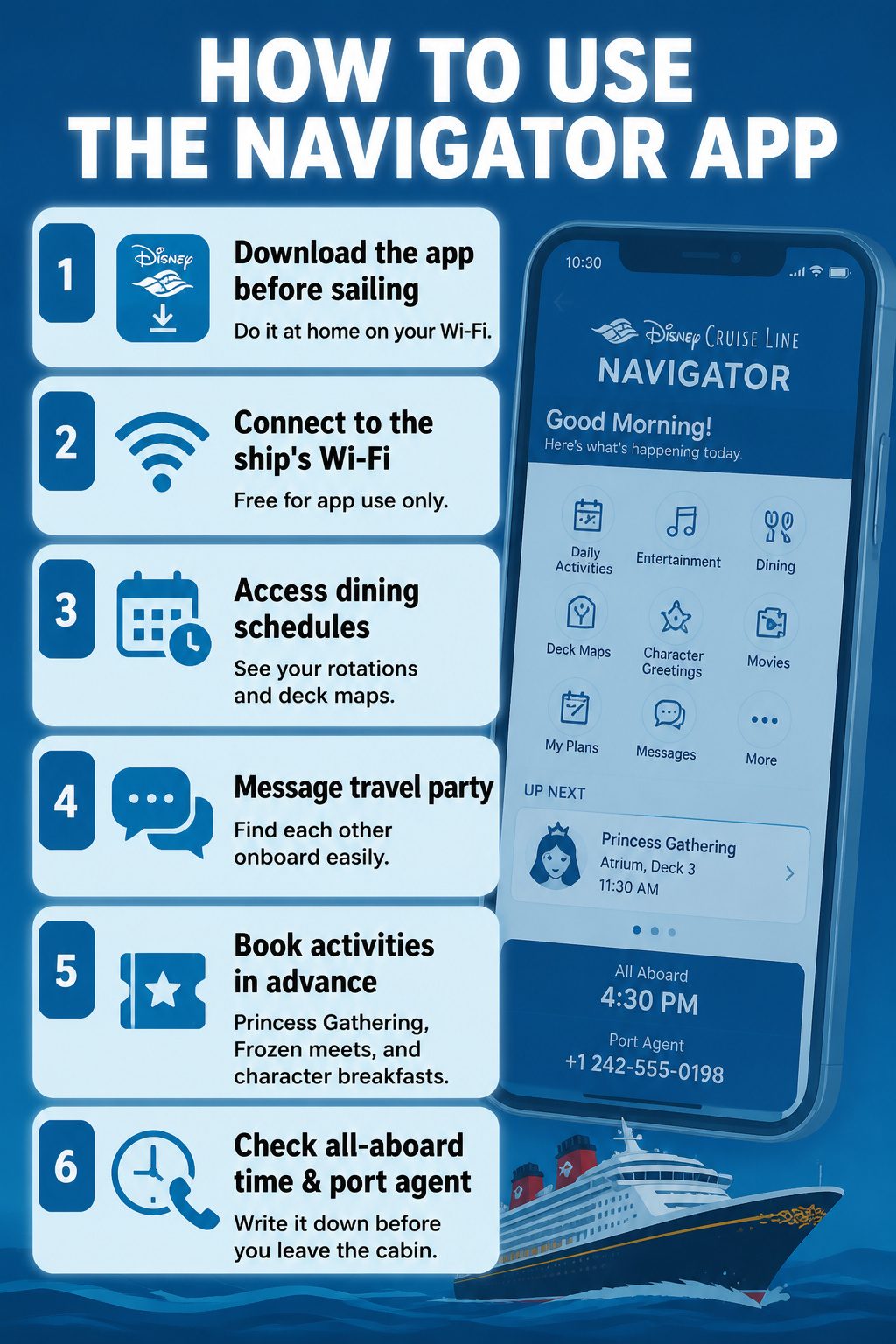 A smartphone displaying the Disney Cruise Line Navigator app.