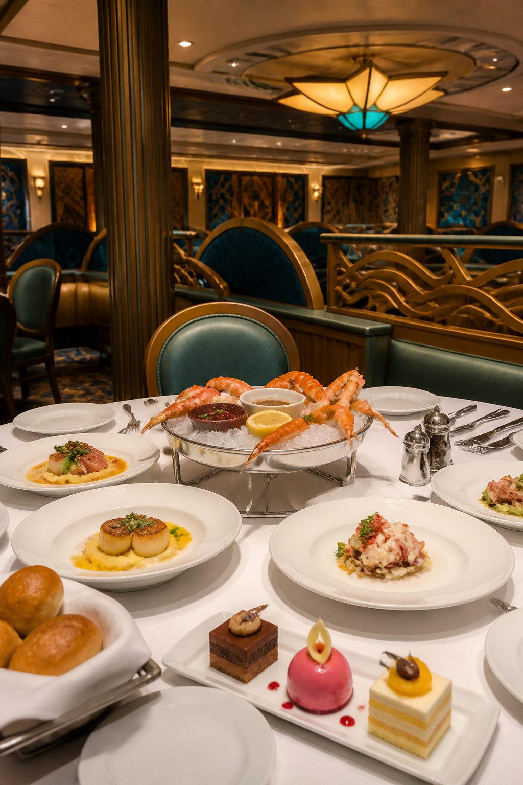 A dining table on a Disney cruise with various appetizers and desserts.
