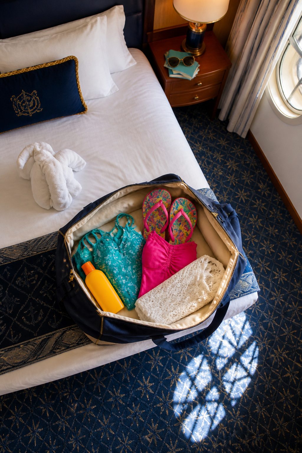 A duffel bag filled with swimsuits and sunscreen for a cruise.