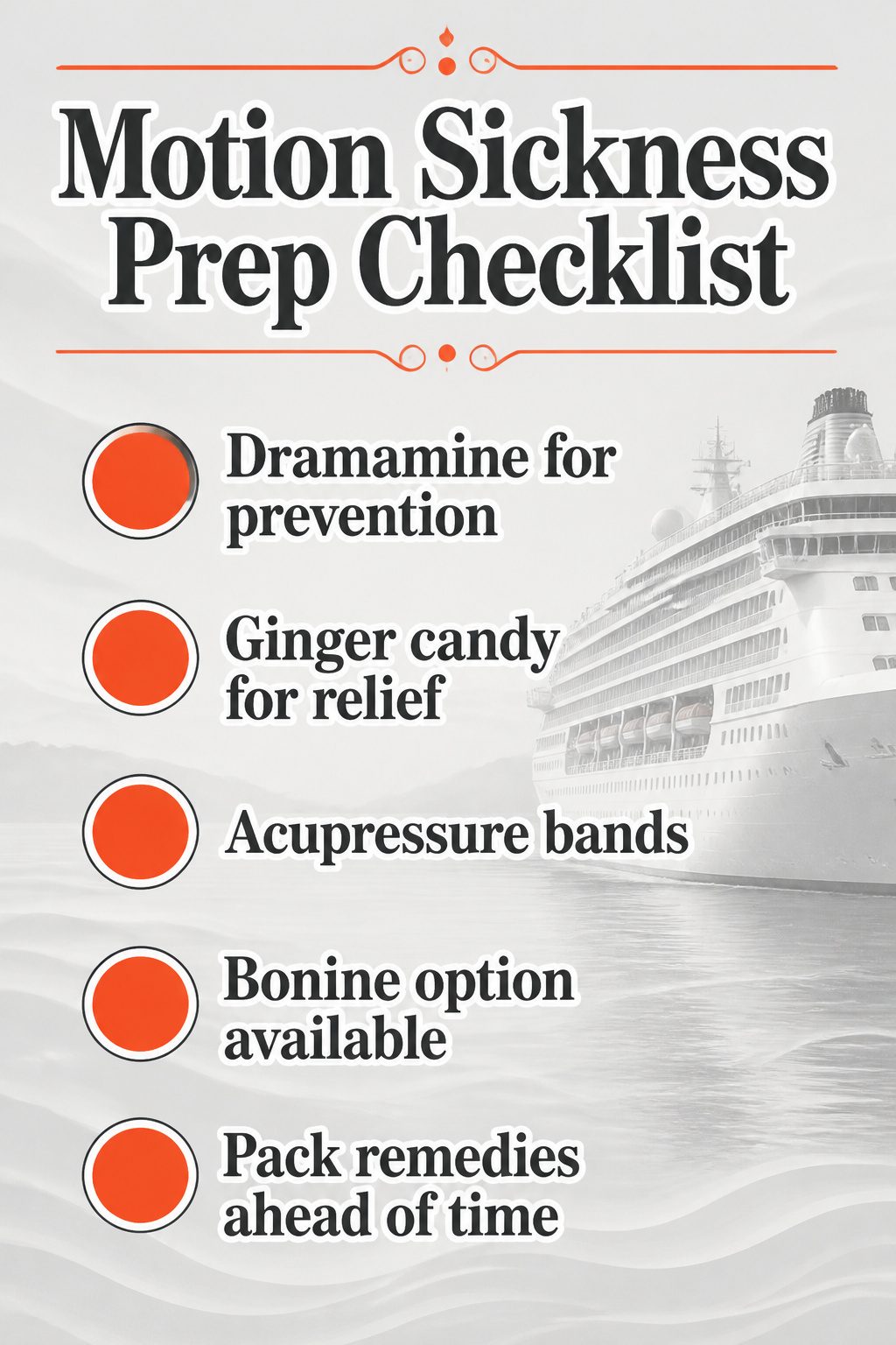 A checklist for motion sickness preparation on a Disney cruise.