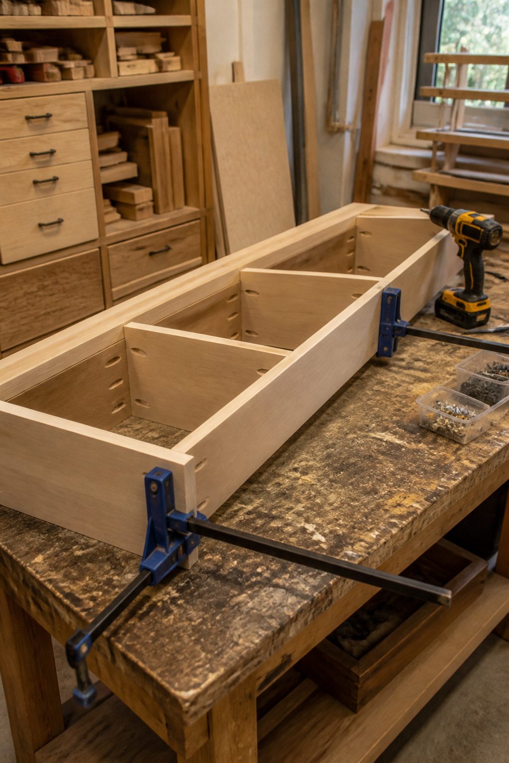 DIY Entryway Bench: How to Build One in 6 Steps (2026) 4 A bench frame assembled with pocket holes and clamps.
