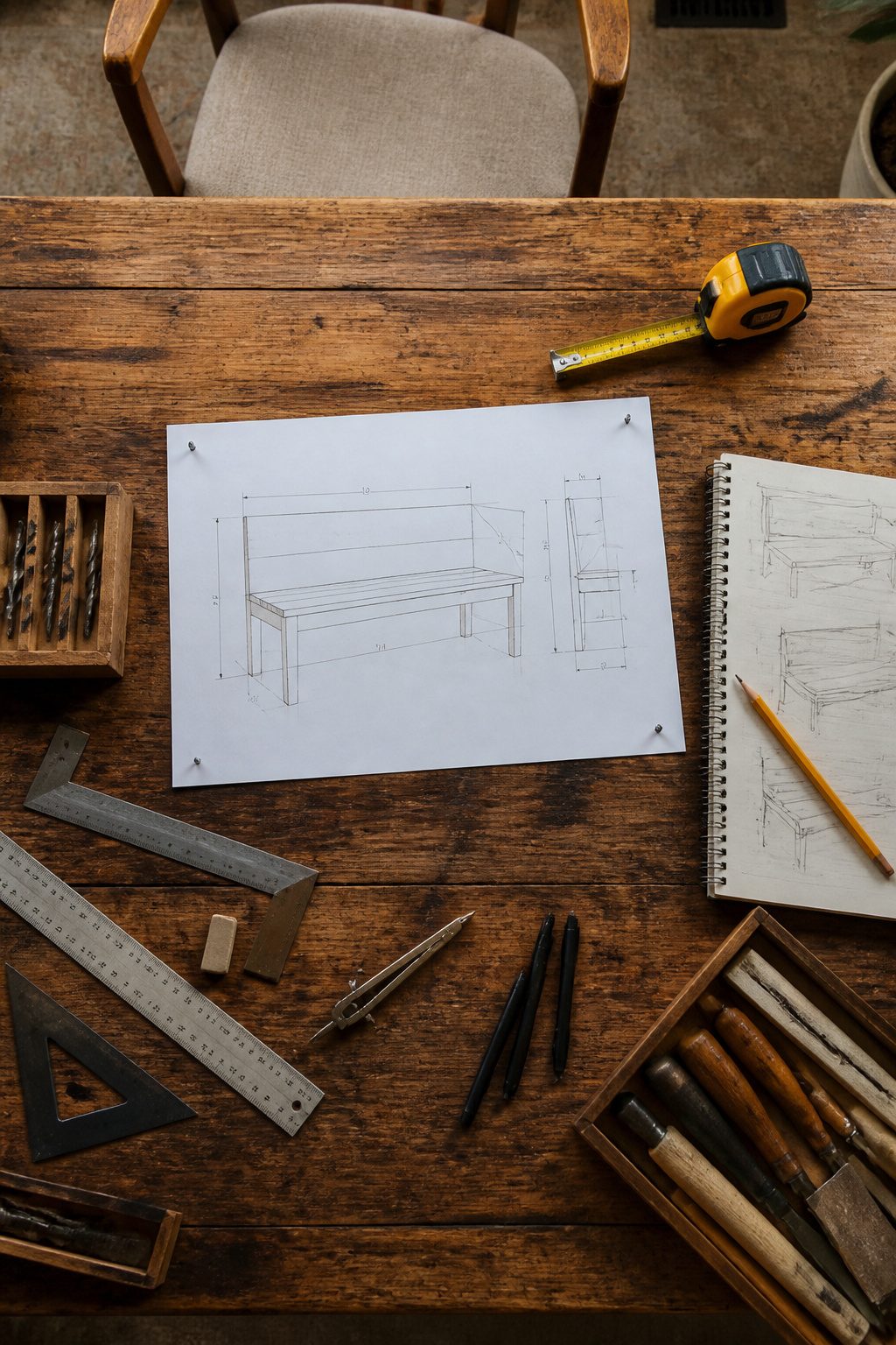 DIY Entryway Bench: How to Build One in 6 Steps (2026) 1 A tape measure and sketch on a table for bench design.