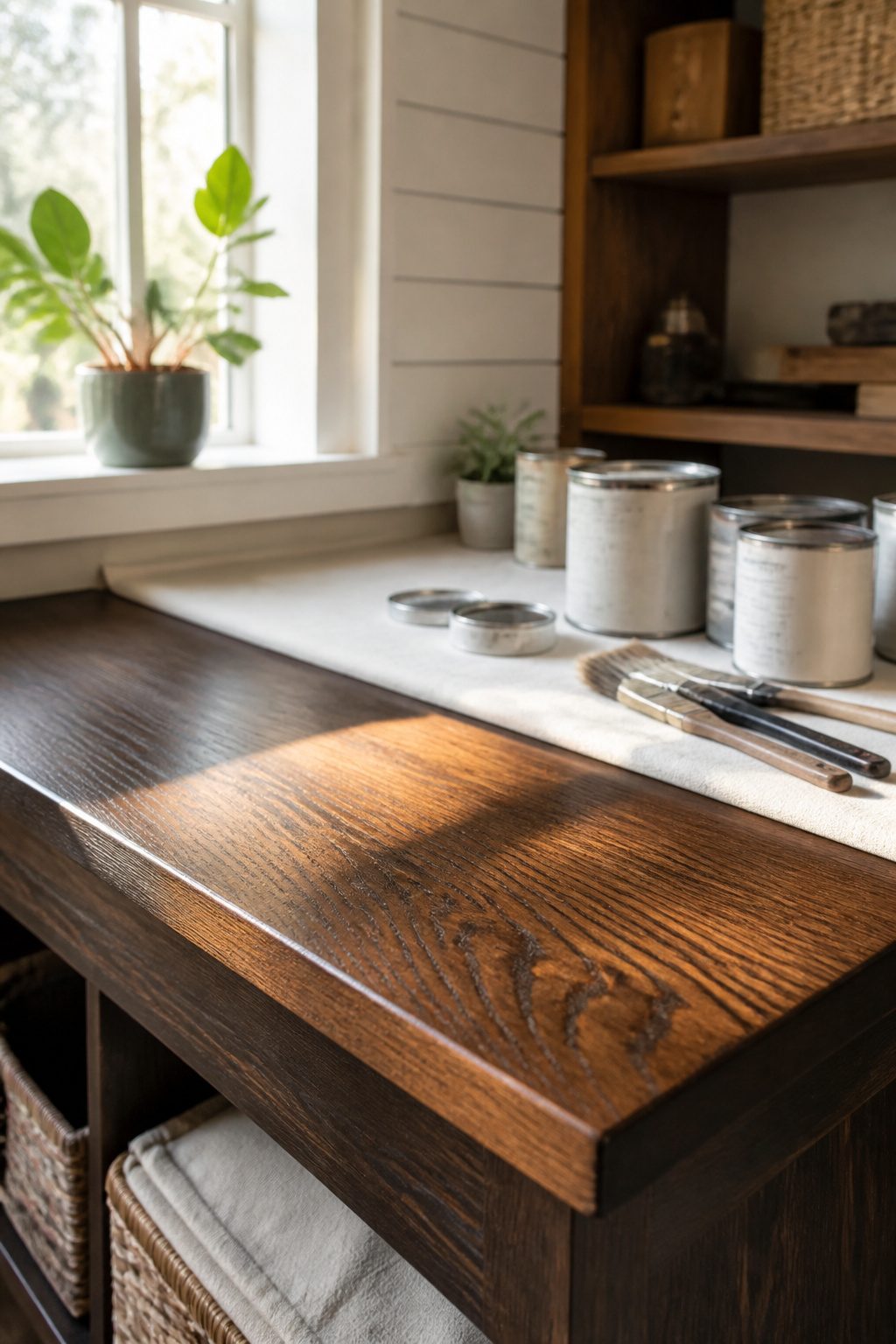 DIY Entryway Bench: How to Build One in 6 Steps (2026) 10 Detailed view of a stained bench top showing wood grain.